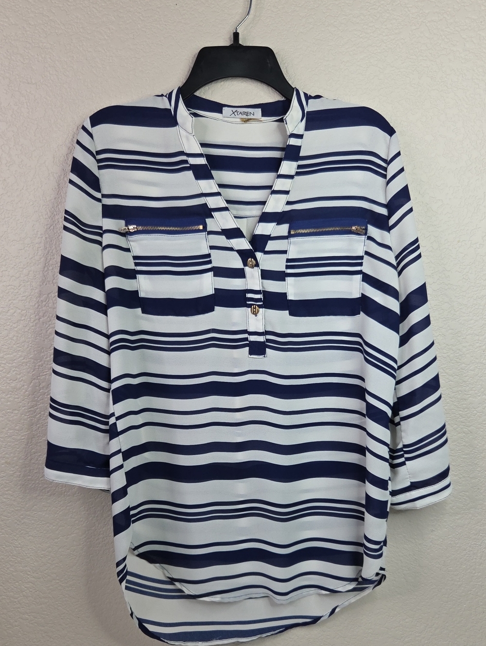 Xtaren Navy and White Striped Tunic Top with Roll-Tab Sleeves